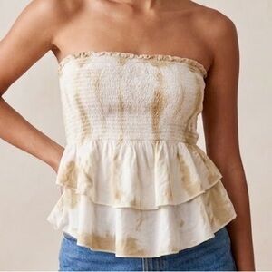 American Eagle Tie-Dye Strapless Ruffle Tiered Top in Cream
